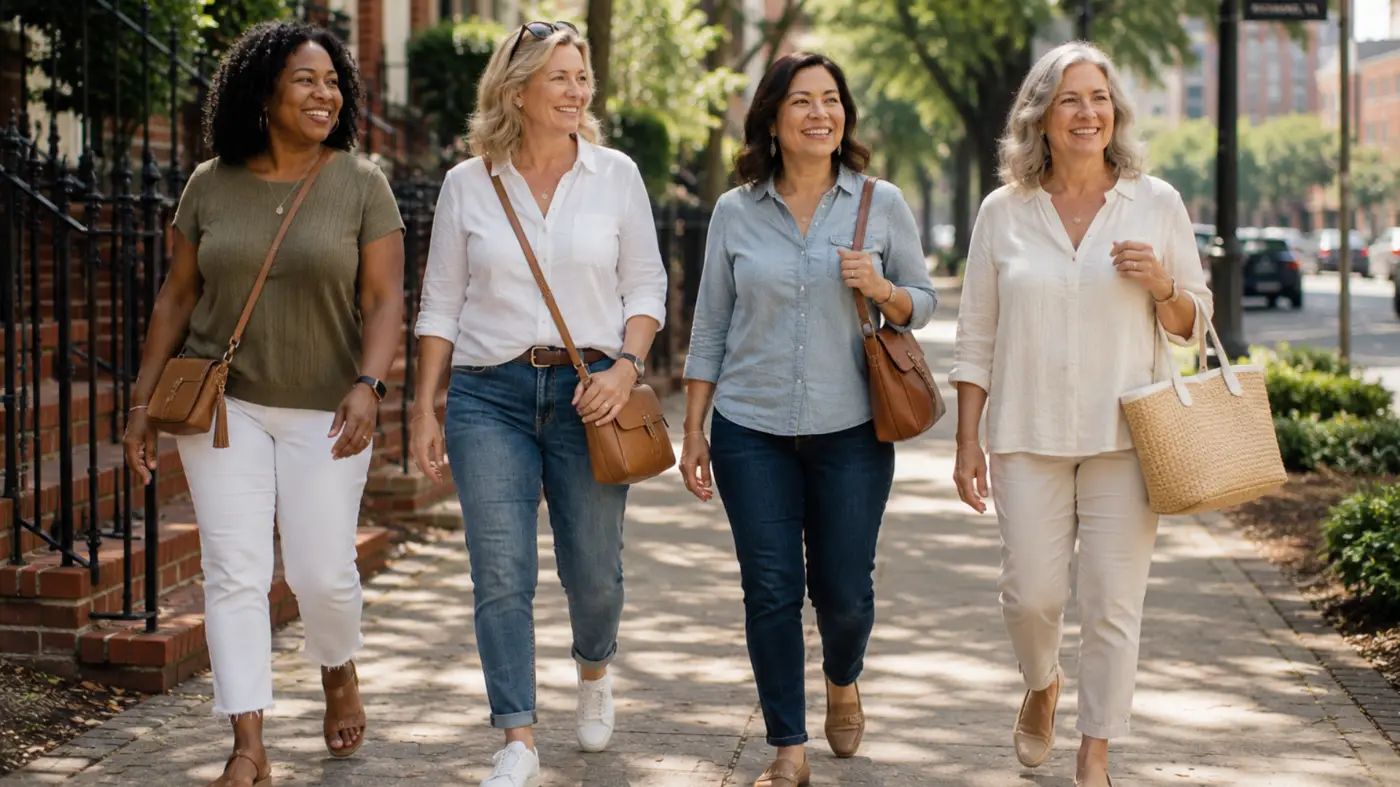 Four women walking together on a Richmond sidewalk