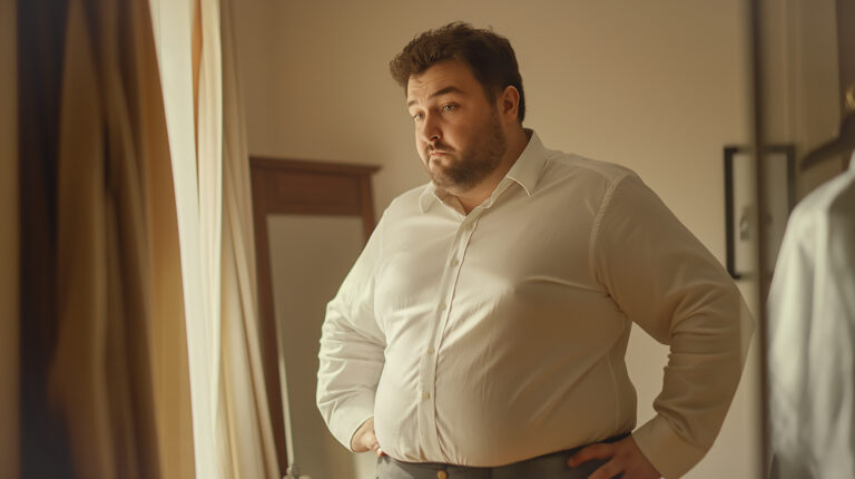 A heavyset man stands pensively, hands on hips, near a window in soft morning light