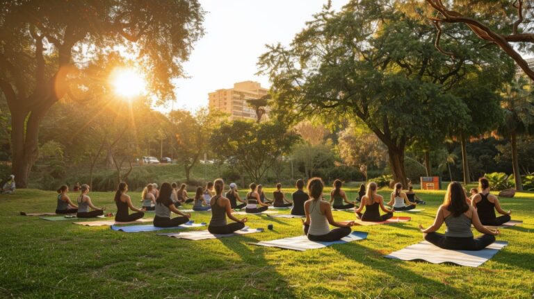 people doing yoga in a park