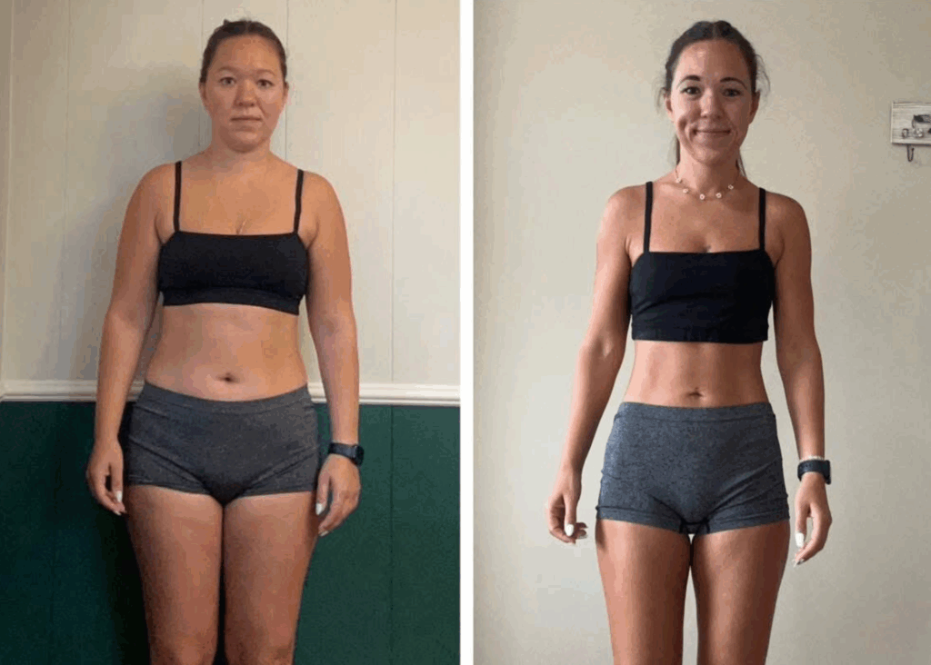 Before and after photo of a Weight Loss RVA Client standing in a black sports bra and gray shorts