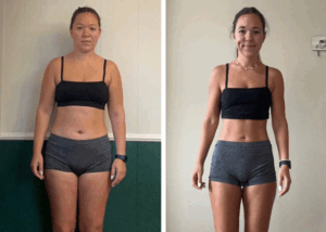 Before and after photo of a Weight Loss RVA Client standing in a black sports bra and gray shorts