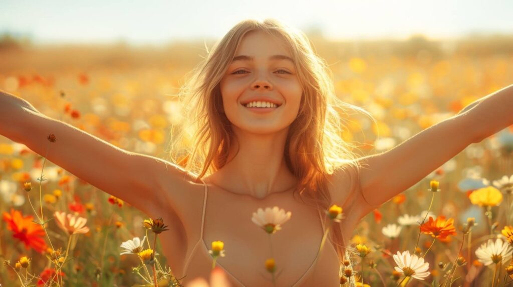 A young blond woman is happy with arms spread open in a field of wildflowers on a sunny day