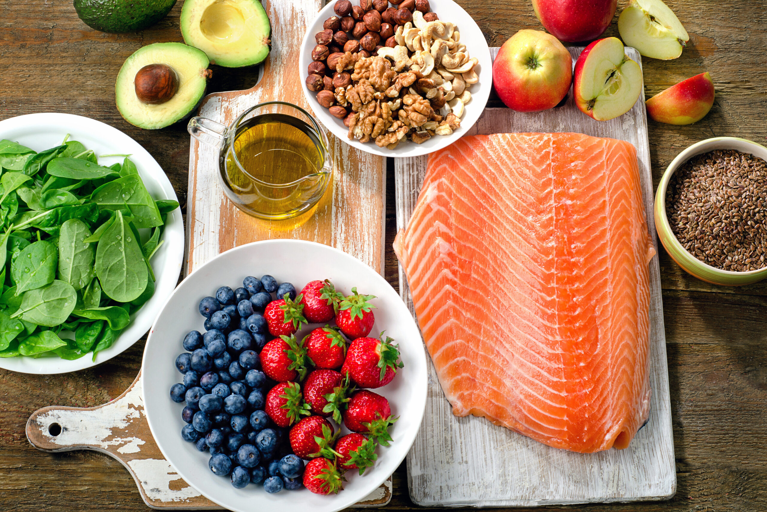 Best Foods for healthy Heart on a wooden background.