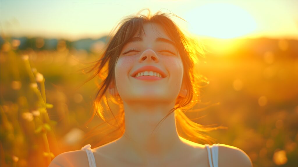a woman smiling in the sunlight