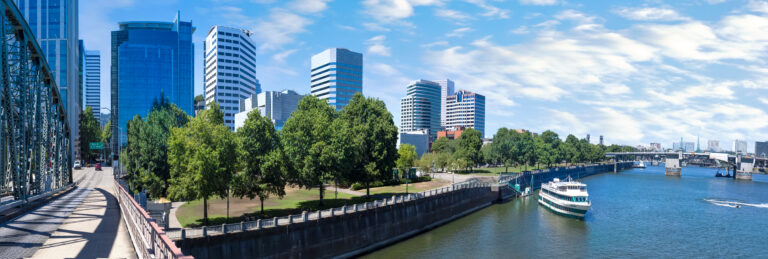 panoramic view of a river and skyscrapers