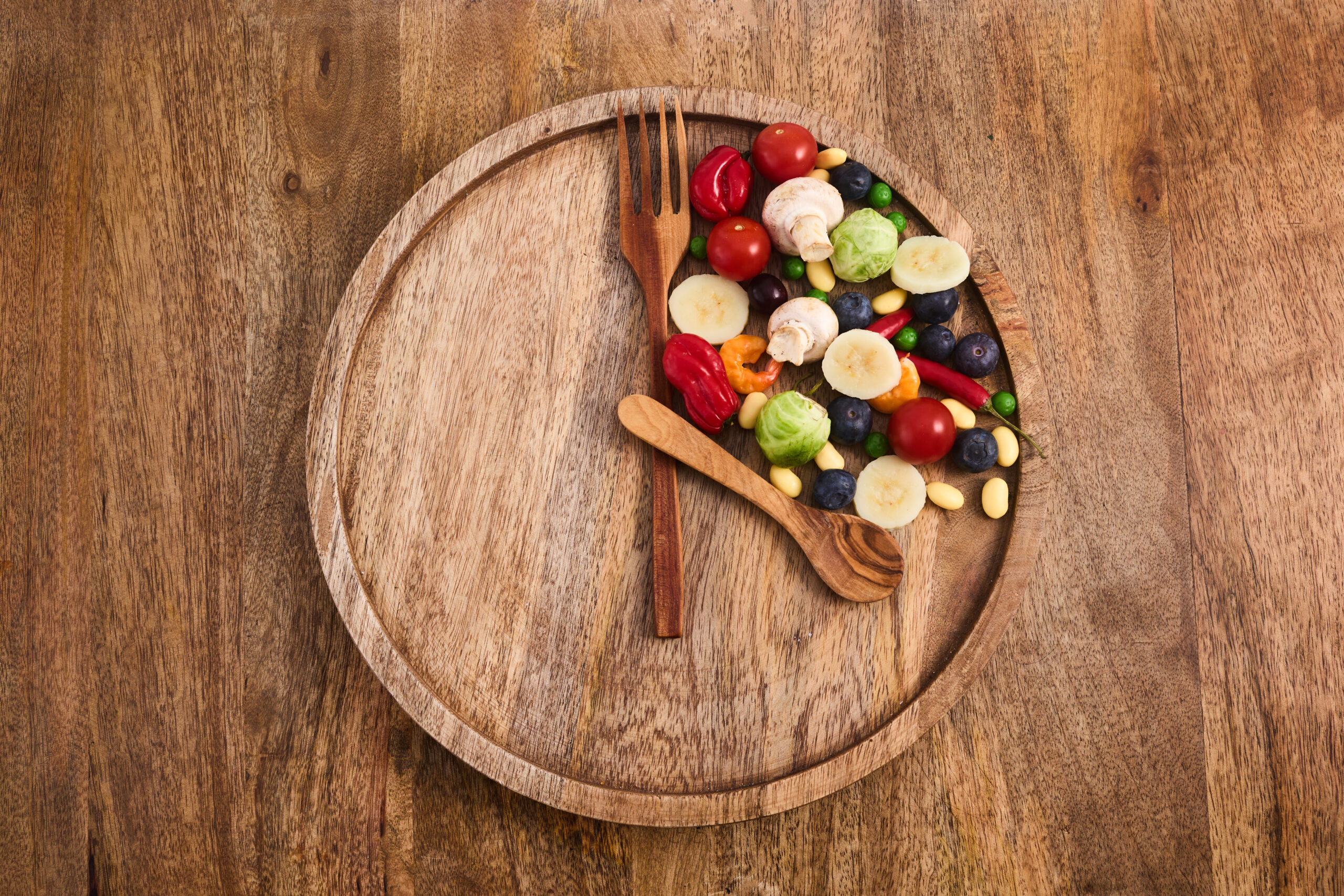 wooden plate with food on it
