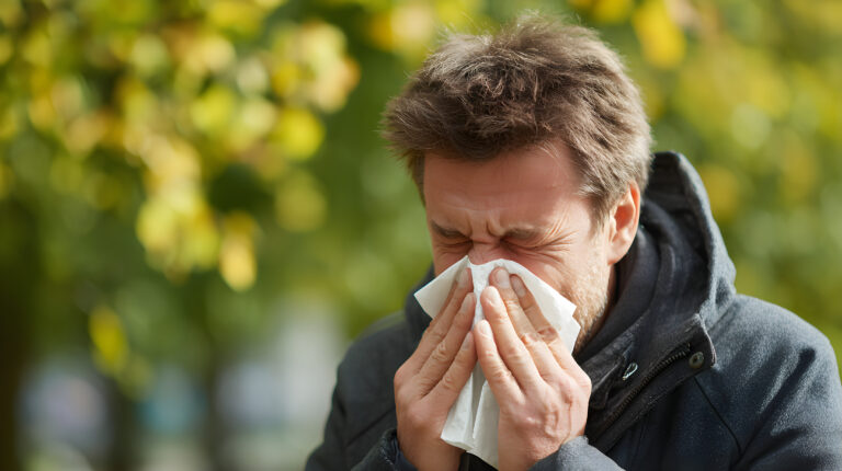 man blowing nose into tissue